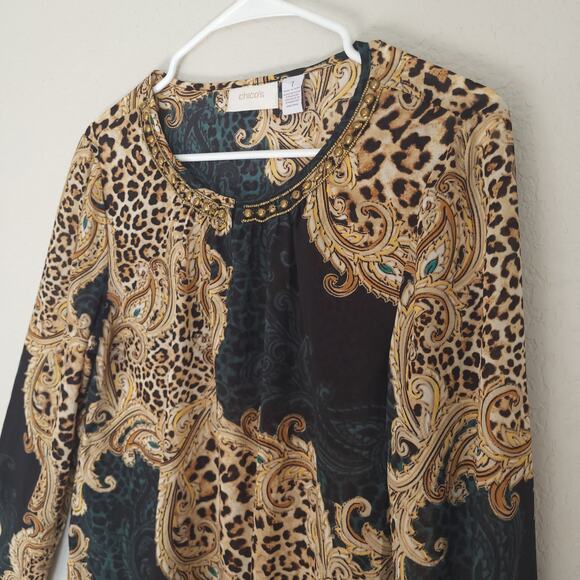 Chicos Womens Blouse Chicos 1 Standard Size 8 Leopard Print Sheer Lightweight - Picture 5 of 12